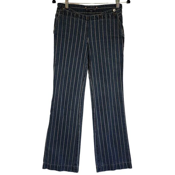 Ralph Lauren Pinstripe Denim Sailor Wide‎ Leg Jeans Button Side Pockets sz 2 - Picture 1 of 11